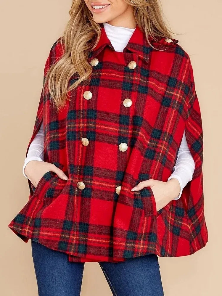 Plaid Patchwork V Neck Cape