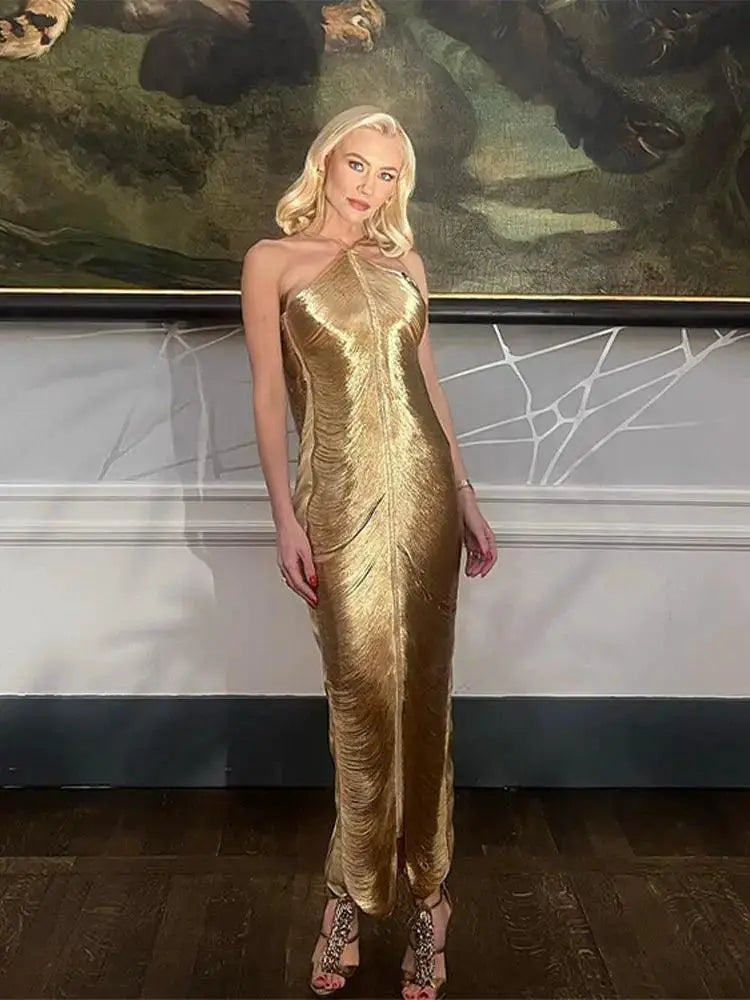 Elegant Golden Tassel Halter Dress Evening Gown for Women