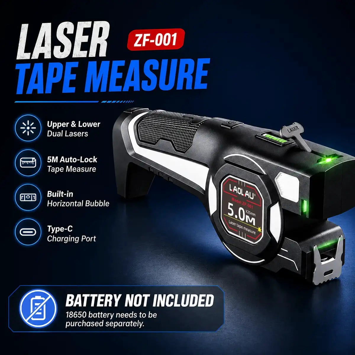 ZF-001 5M Laser Tape Measure 25mm Green Laser Line Bubble Level Type-C Auto Lock Ruler Measuring Tools for Household Woodworking