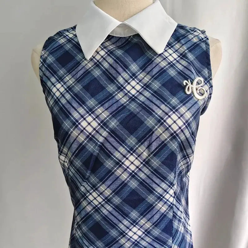 Kimotimo Sweet Plaid Sleeveless Mini Dress Women Korean Preppy Style Lapel Waist Slim A-line Y2k Dresses Casual Chic Vestidos