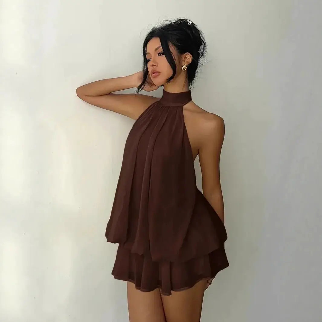 Women's Halter Neck Dress, Backless Tie-Front Chiffon Sheer Mini Skirt, Fashionable Sexy Y2K Vintage Cute Party Birthday Dress