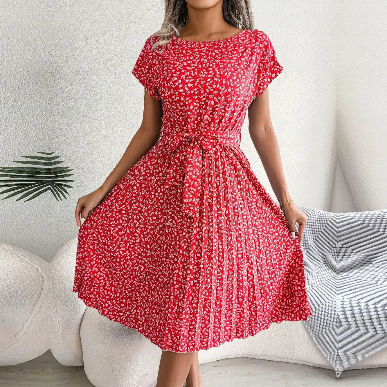 Floral Pleated High Waist Dress Chic Womens Fashion Piece