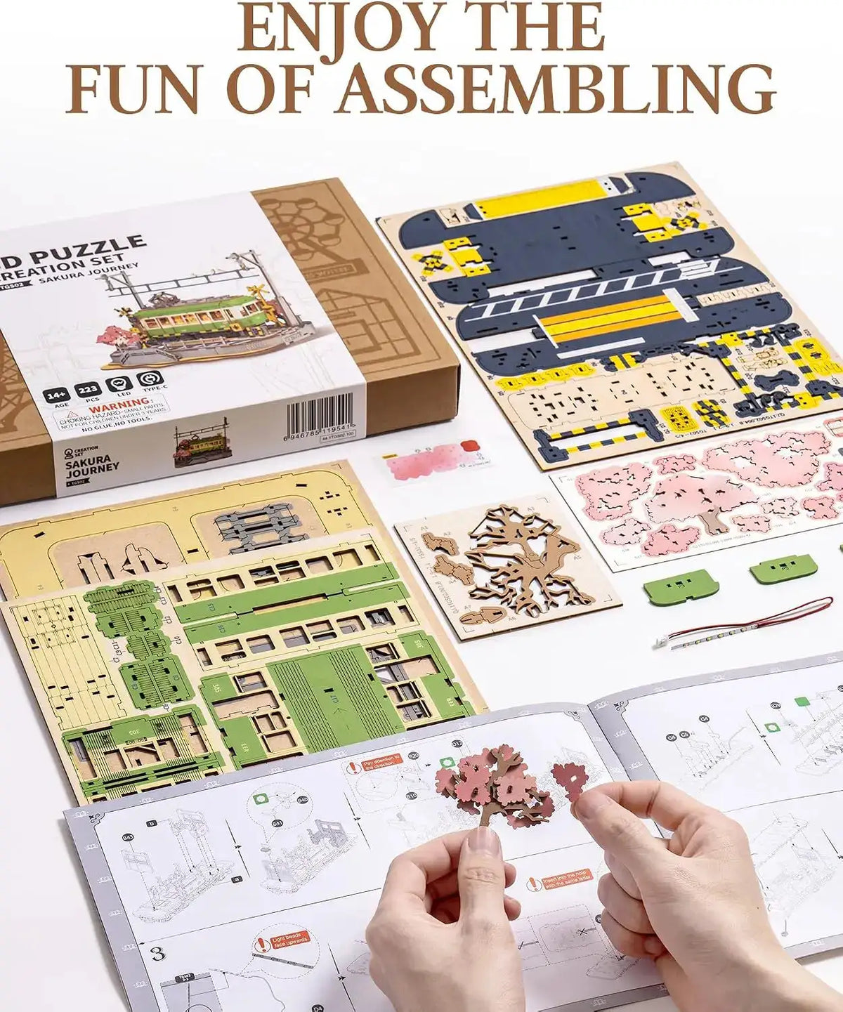 Robotime 3D Puzzles Sakura Journey DIY Model Building Toy with LED Light Wooden Craft Kits Tram Hobby for Kids Brain Teaser Gift