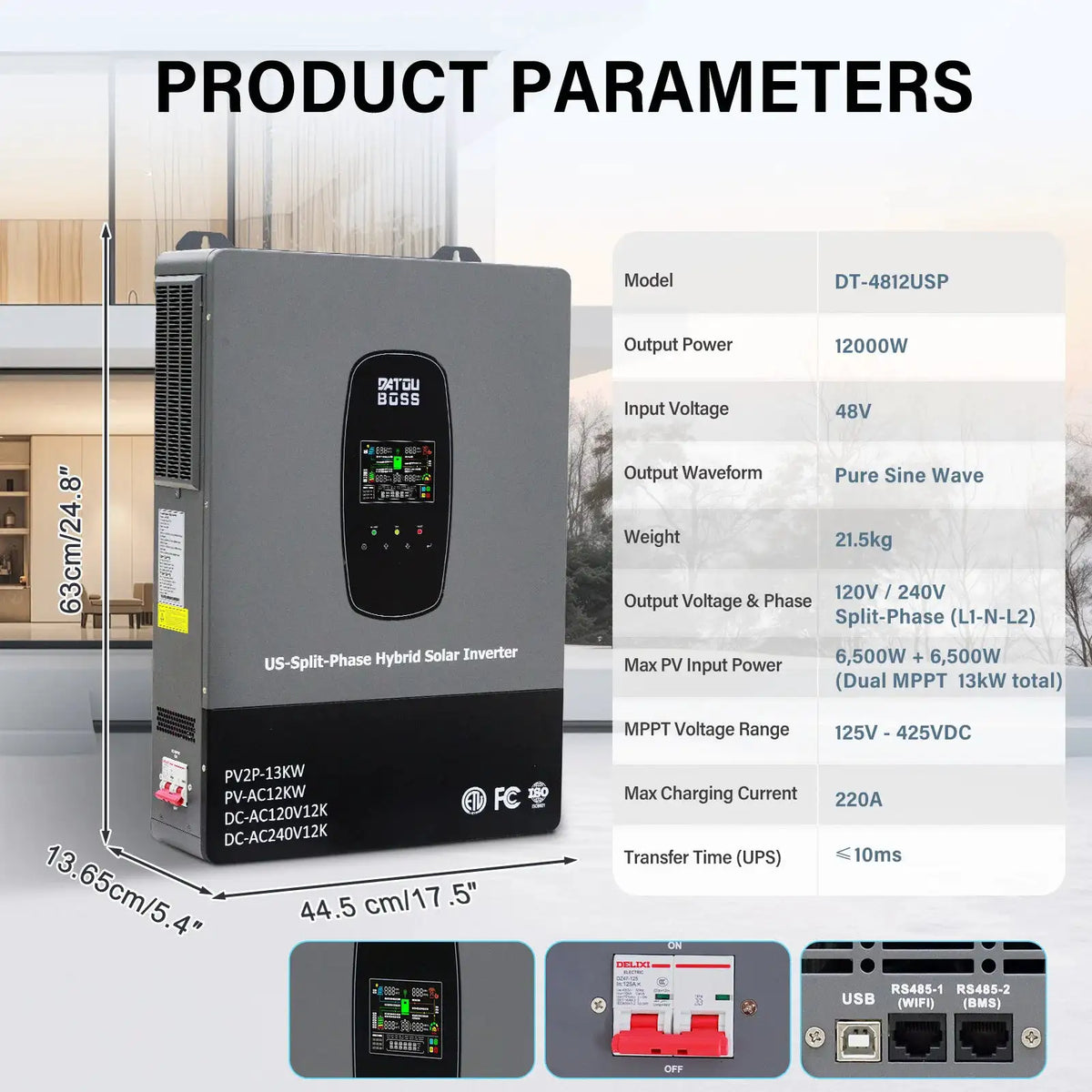 DATOUBOSS 48V 5500W MPPT Hybrid Solar Inverter Pure Sine Wave 110/120V US Standard Off-Grid PV Energy Storage for Home
