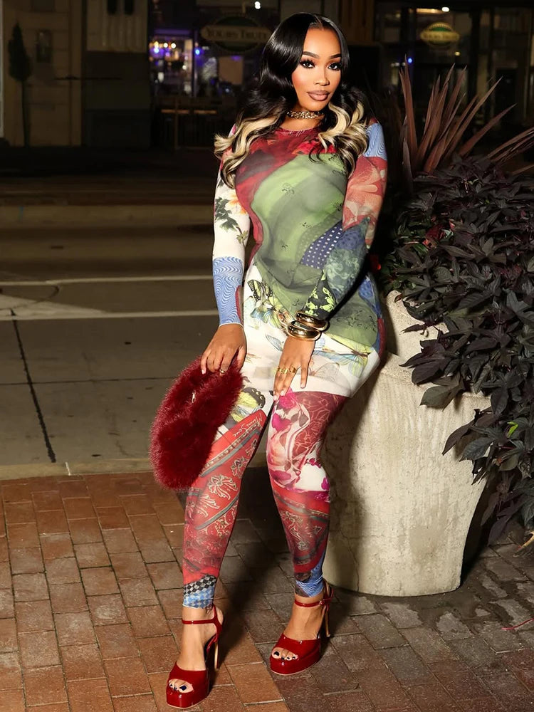 Crew Neck Graphic Jumpsuit