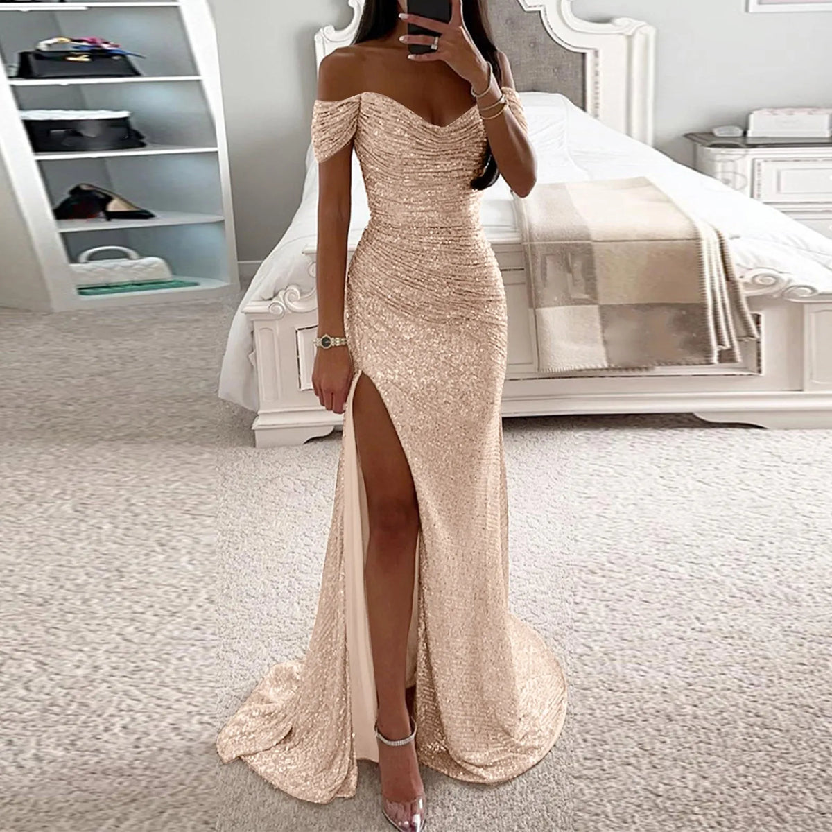 Off Shoulder Sequin Slit Dress