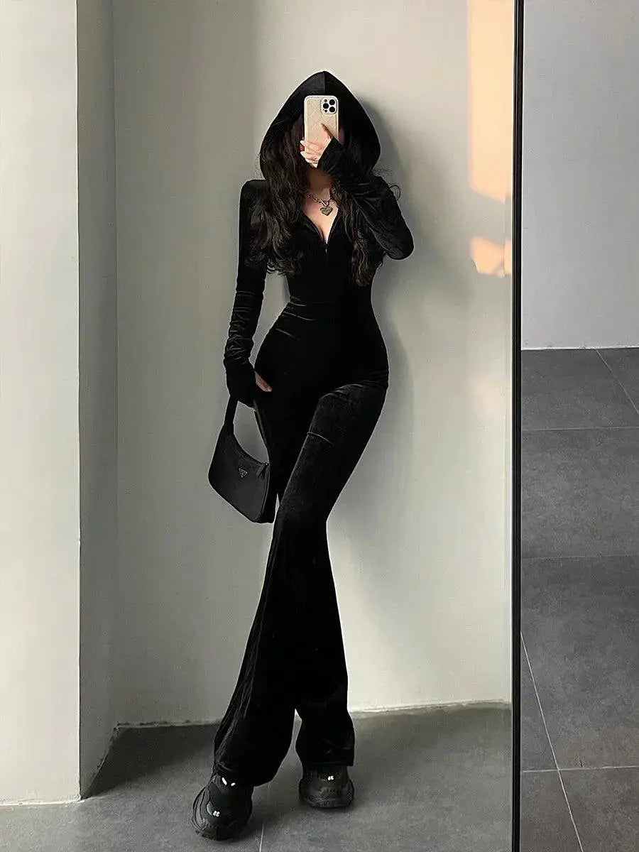 TVVOVVIN Black Velvet Hooded Jumpsuit Romper Elegant Style