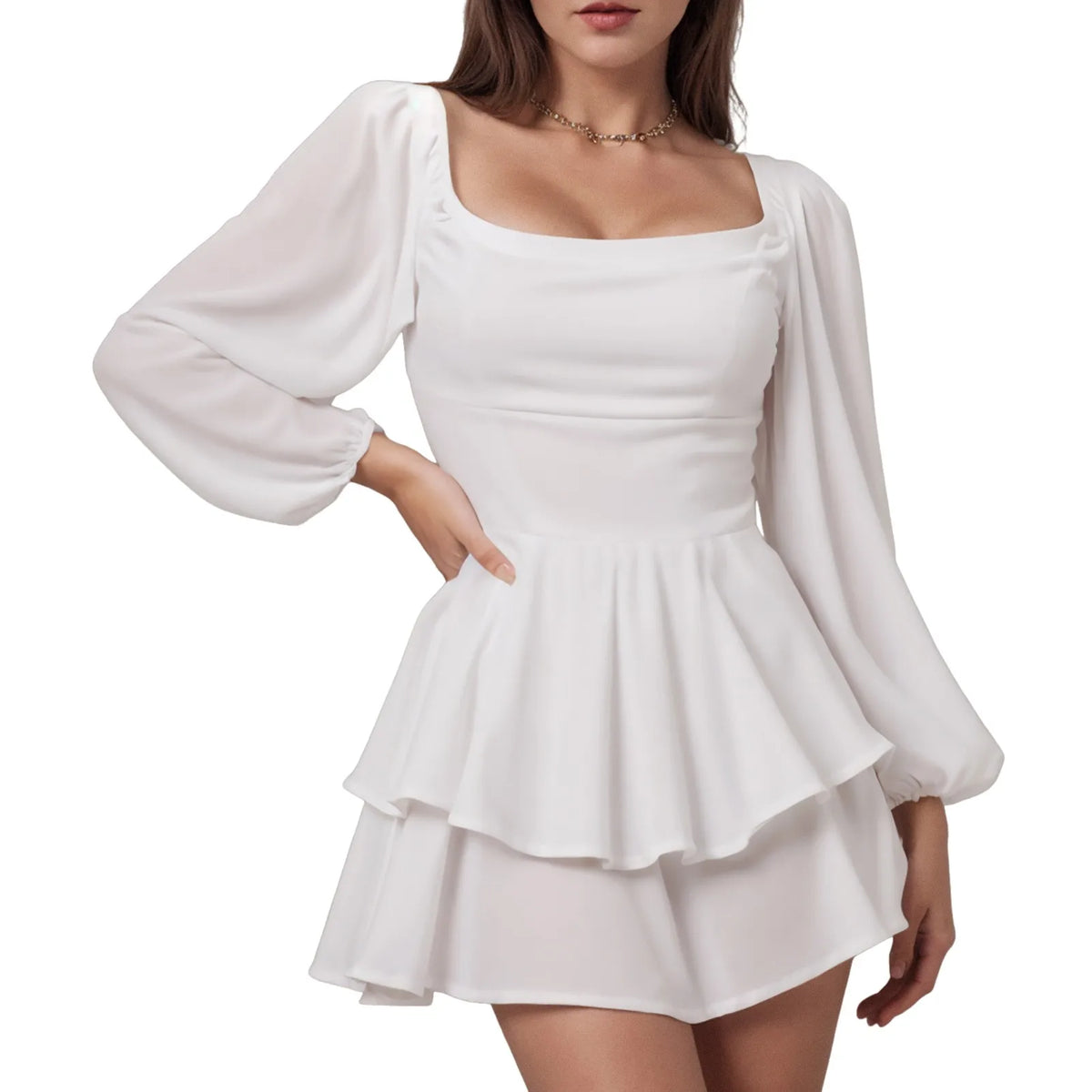 Square Neck Chiffon Ruffle Romper