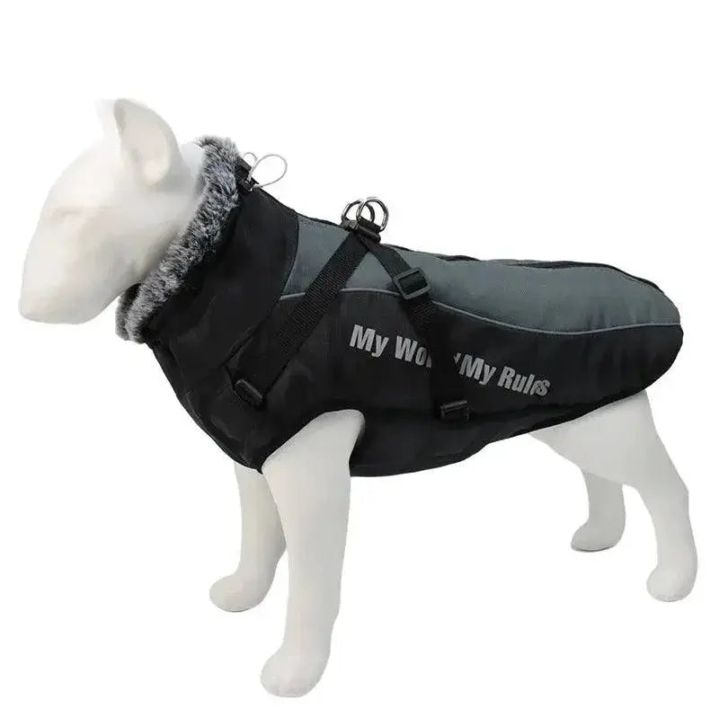 Winter Dog Coat With Harness And Furry Collar For Big Breeds