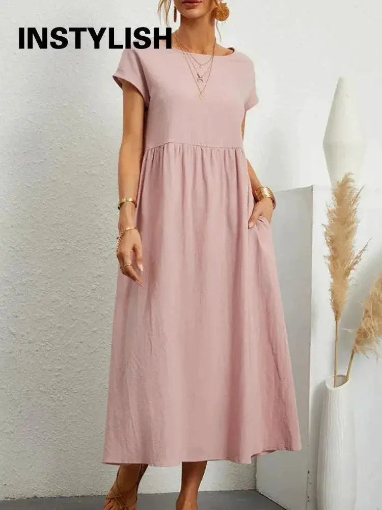 Vintage Solid Midi Dress Retro Boho Chic Cotton Linen Summer