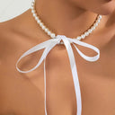 Elegant Black Ribbon Choker Necklace with White Pearls