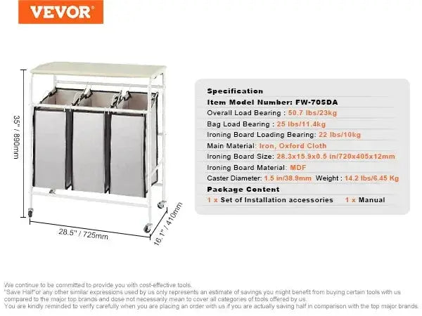VEVOR Laundry Sorter Cart With Ironing Board System