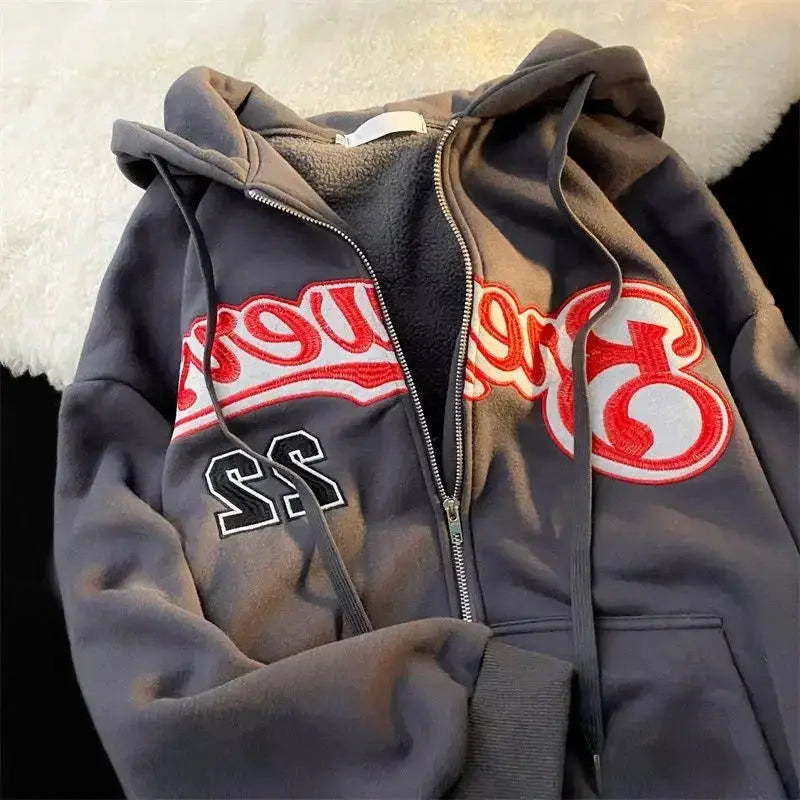Harajuku Embroidery Hoodie Women Oversized Zip Up Sweatshirt