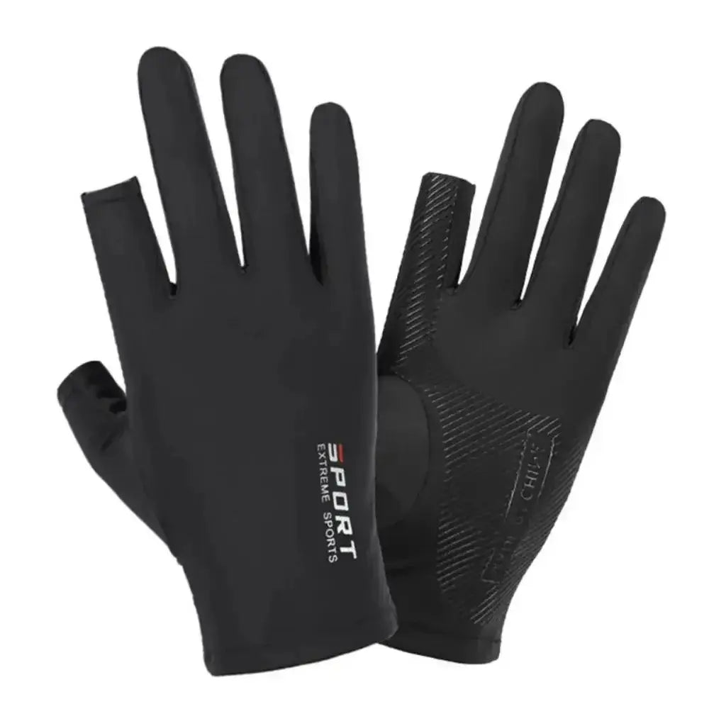 Black sport gloves for extreme sports with non-slip palm and exposed finger design