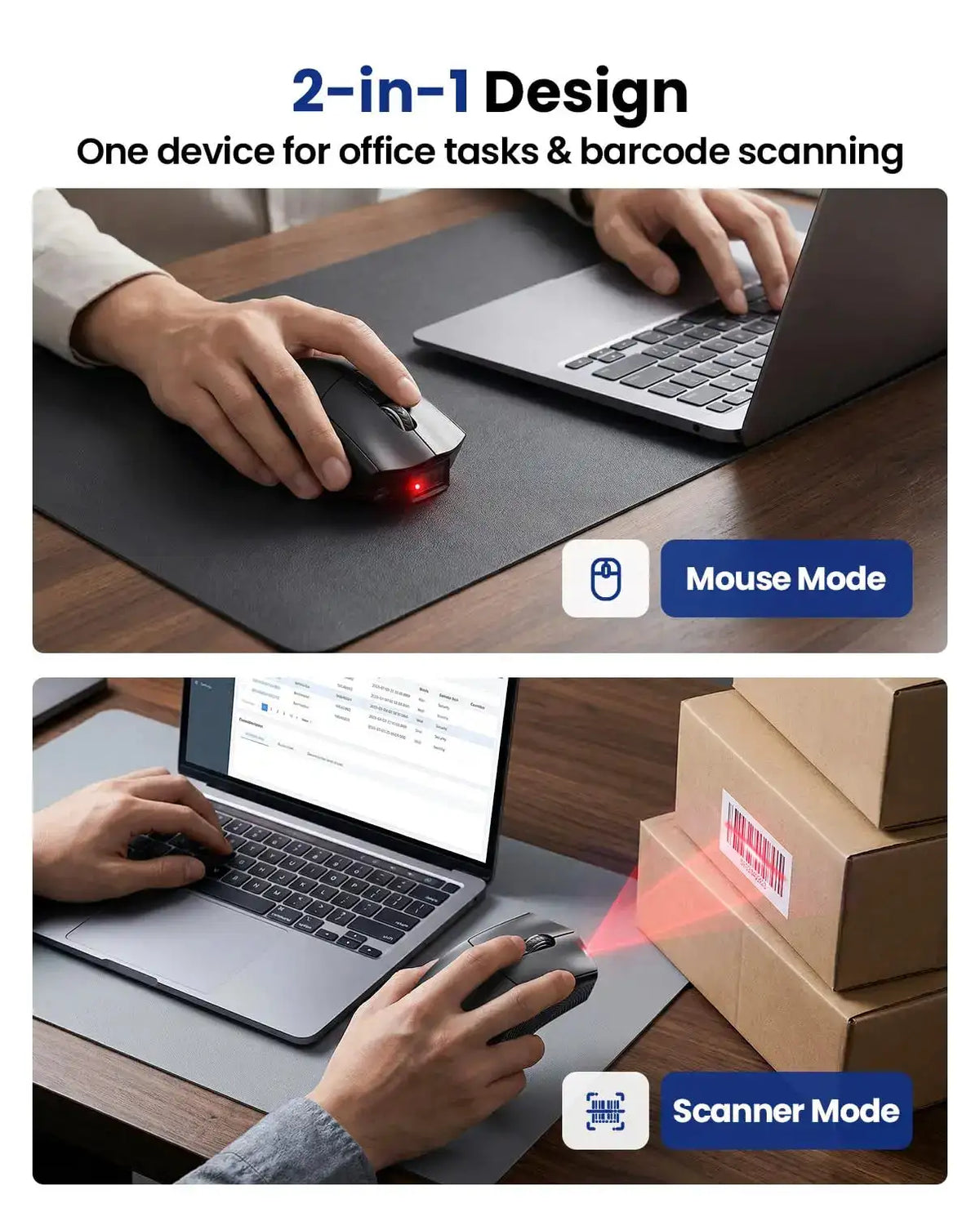Eyoyo 2-in-1 Wireless Barcode Scanner & Mouse Combo Fast Scanning 1D 2D Bar Codes Bluetooth Office Mouse with Power Indicator, QR Code Reader with 1200mAh Battery