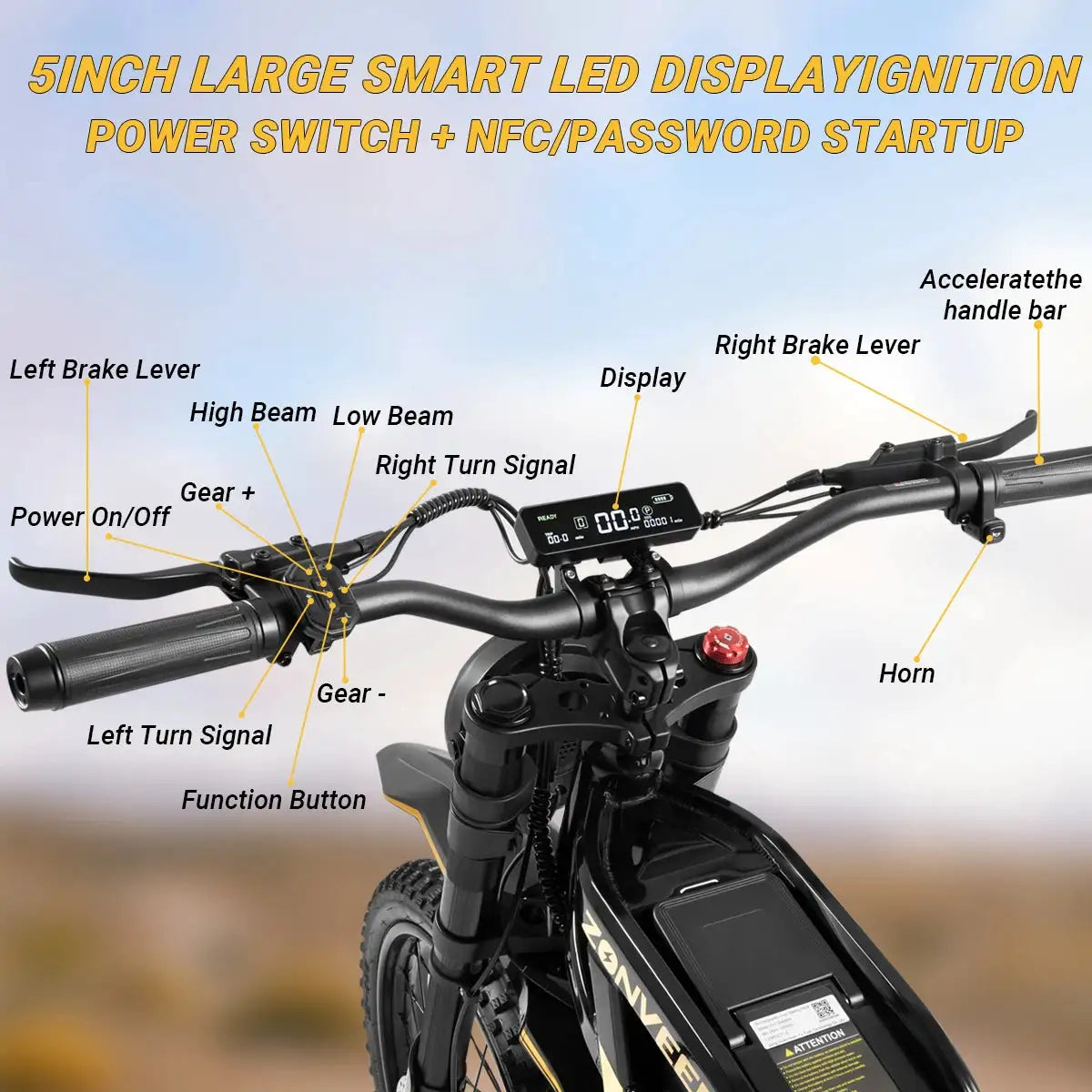 ZONVEER ZX3 2800W Peak Motor Electric Dirt Bike 48V/25Ah Electric Bike 65Miles Max Range 37Mph Max Speed Mountain Electric Motorcycle