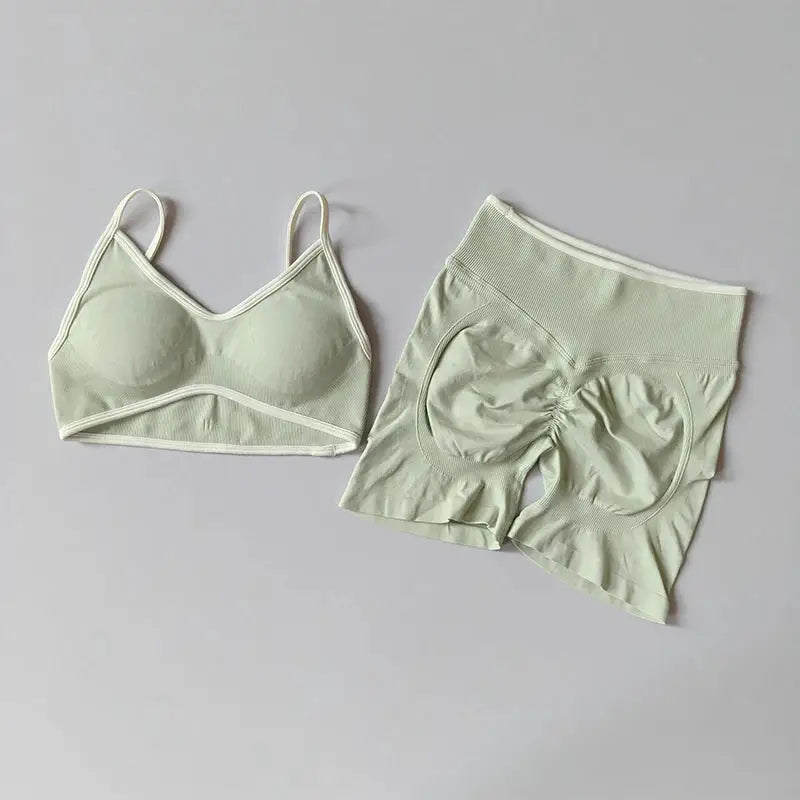 Yoga Suit Seamless Crop Top Tight Sports Bras and High Waist Shorts Pant Outside Wear Running Exercise Fitness Gym Yoga Set