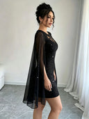 Sheer Cape Glitter Cocktail Dress