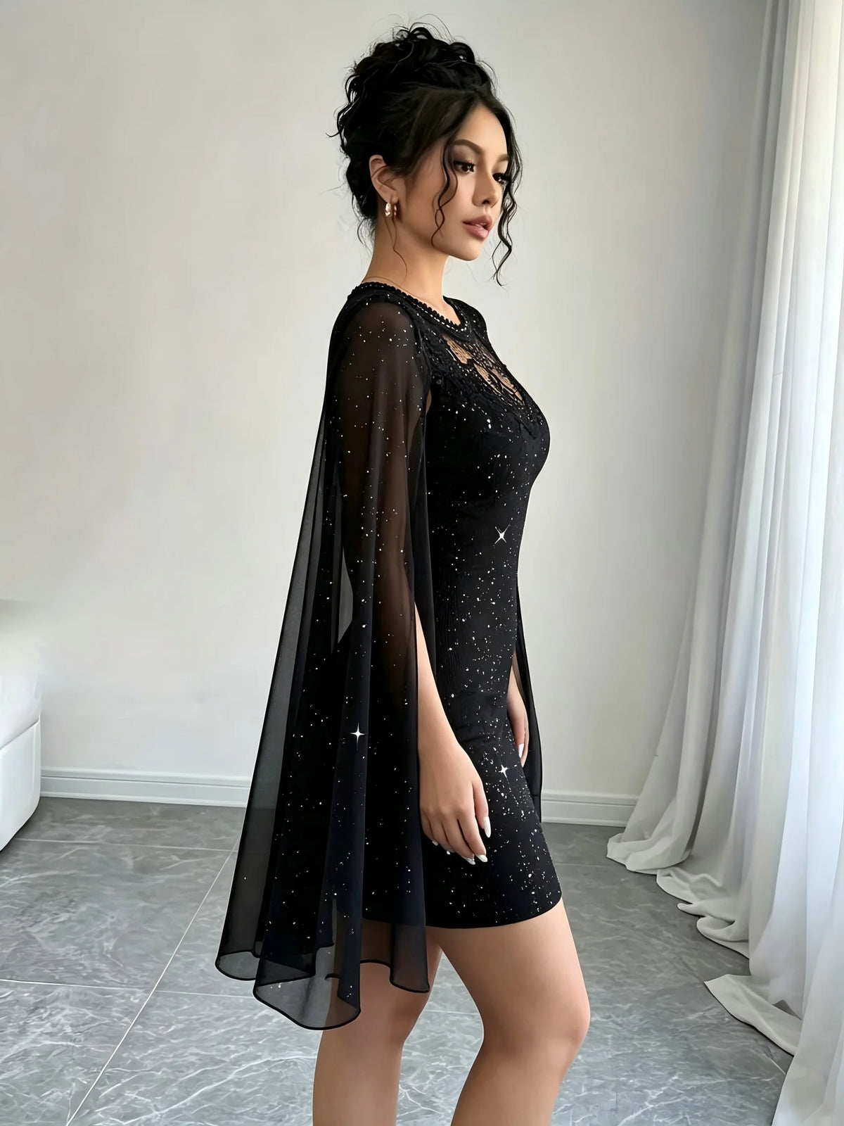 Sheer Cape Glitter Cocktail Dress