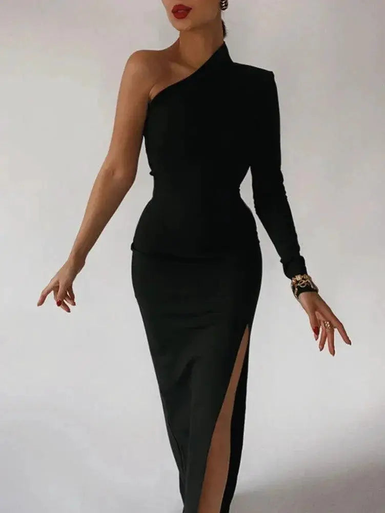 Elegant One Shoulder Black Maxi Dress Formal Evening Gown