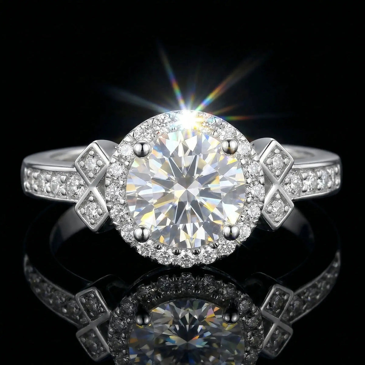 Moissanite Ring in Sterling Silver Couple Prong Setting — product view 1