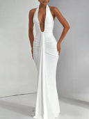 Mozision Deep V Neck Draped Maxi Dresses for Women Halter Backless Club Elegance