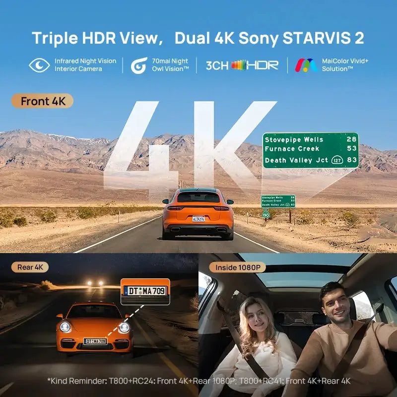 70mai 4K T800 3-Channel Dash Cam, Front Rear Interior Triple HDR, Supercapacitor Built-in GPS&ADAS, 24H Parking Guardian 4G LTE