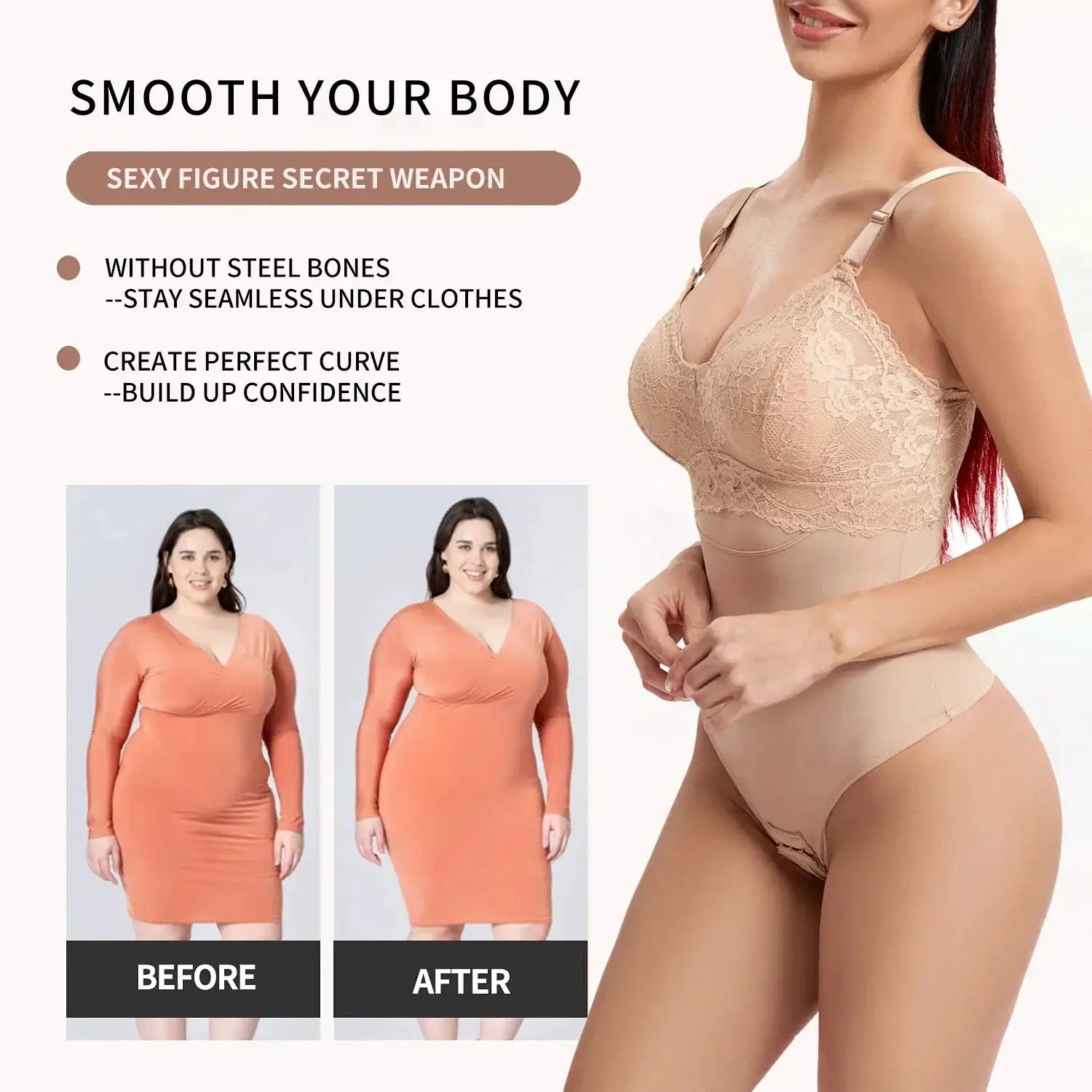 Seamless Lace Thong Bodysuit For Tummy Control Shaping