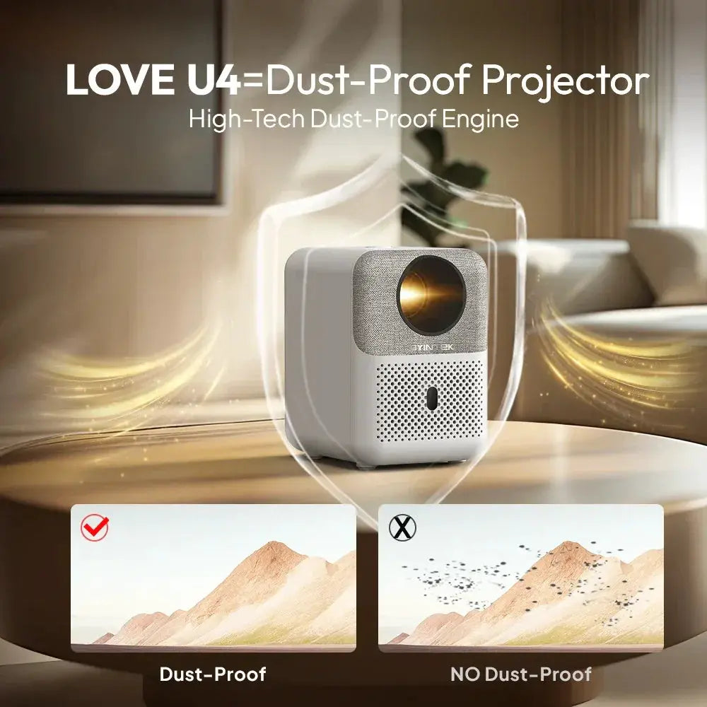 LOVE U4 dust-proof projector with high-tech dust filter on modern table, home setting, OurLum.com
