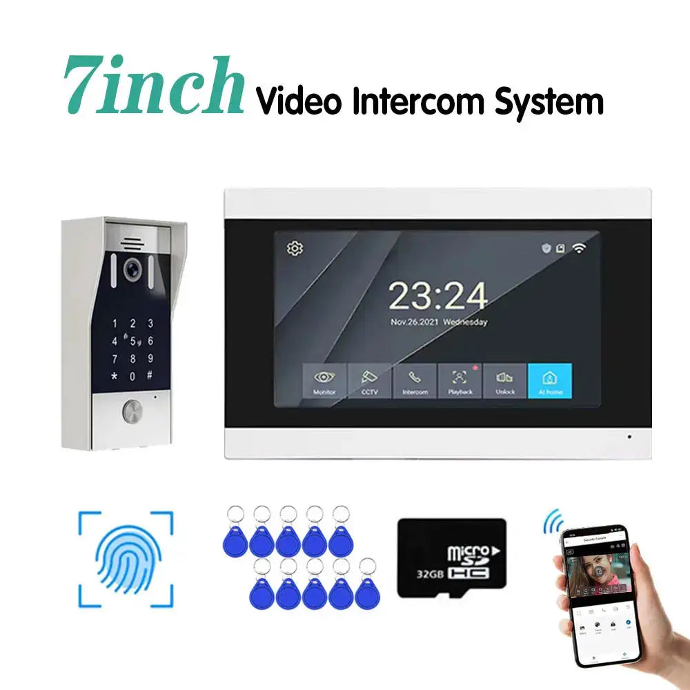 New 5in1 Fingerprint Unlock Tuya Smart 1080P 7inch LCD Wifi Video Intercom System Video Door Phone Camera with Motion Detector