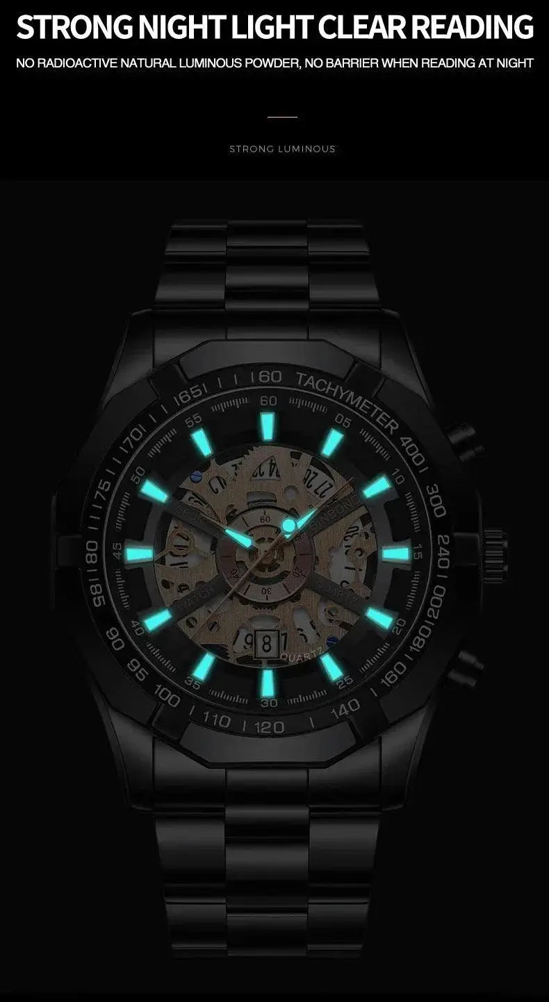 Luxury Blue Dial Stainless Steel Mens Watch Hollow Design