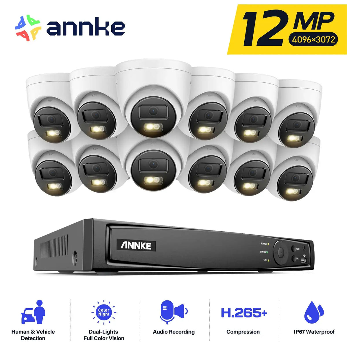 ANNKE 16CH 12MP PoE Security Camera System 12/16PCS H.265+ Wired 8MP IP Cameras Color Night Vision PoE NVR for 24/7 Recording