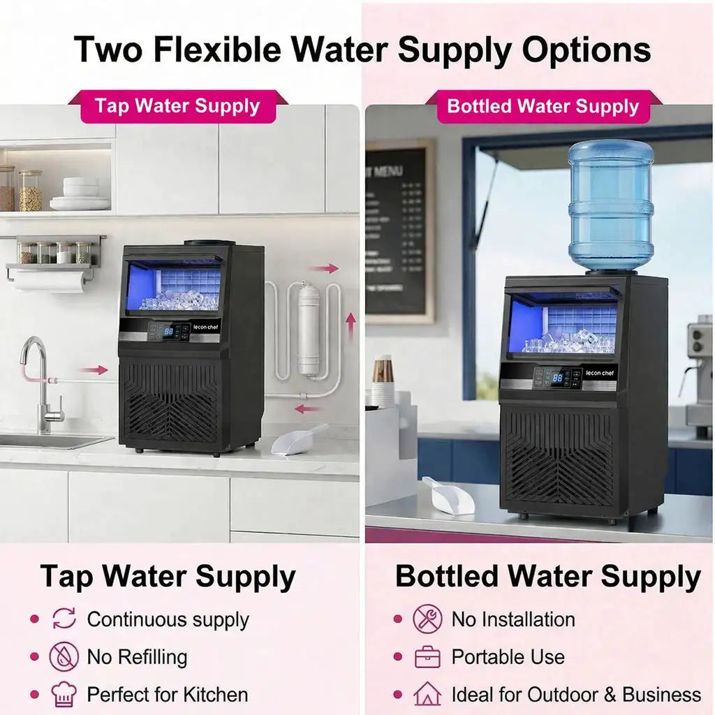 Commercial Ice Maker Machine 80Lbs/24H Dual Water Inlet Black 20Lbs Storage Bin, Freestanding, 36 Ice Cubes/Cycle, Adjustable Ice Thickness, Self-Cleaning, for Home, Bar, Coffee Shop