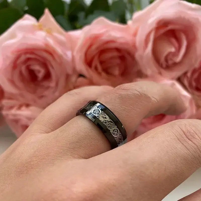 8mm Black Tungsten Celtic Dragon Wedding Ring Band