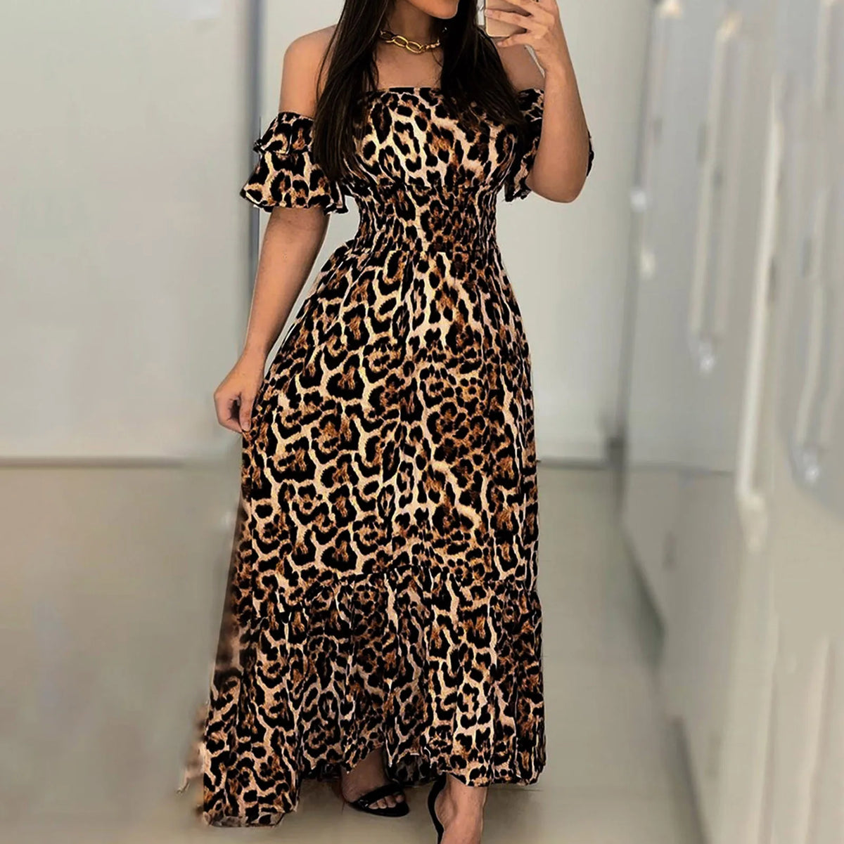 Off Shoulder Leopard Maxi Dress