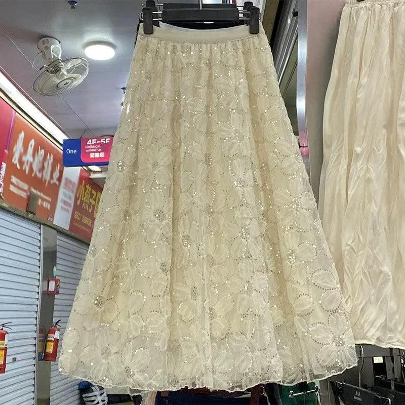 French Lace Flowers Tulle Skirt Sequin A Line Midi Long