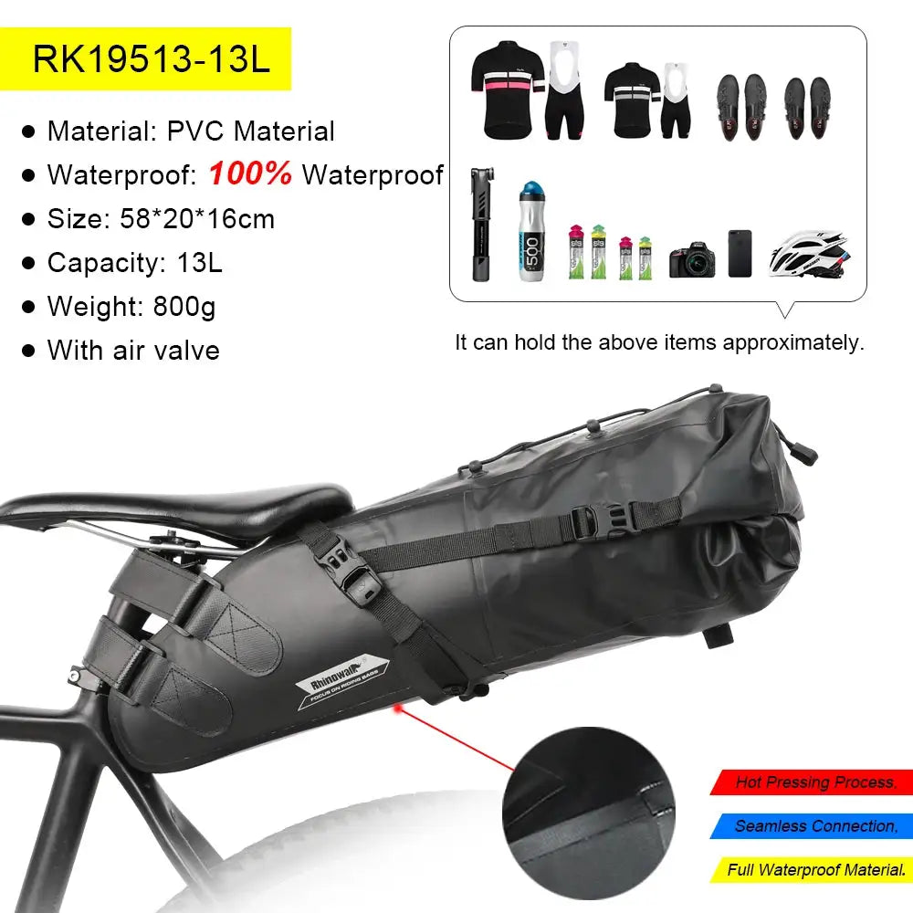 Rhinowalk Bike Saddle Bag Waterproof 5L-13L Big Capacity Foldable For Road MTB Bicycle Tail Rear Bag Cycling Trunk Pannier Black