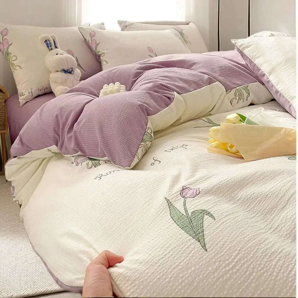 Cute Bear Pink Flower Bedding Set Soft Washed Cotton Quilt