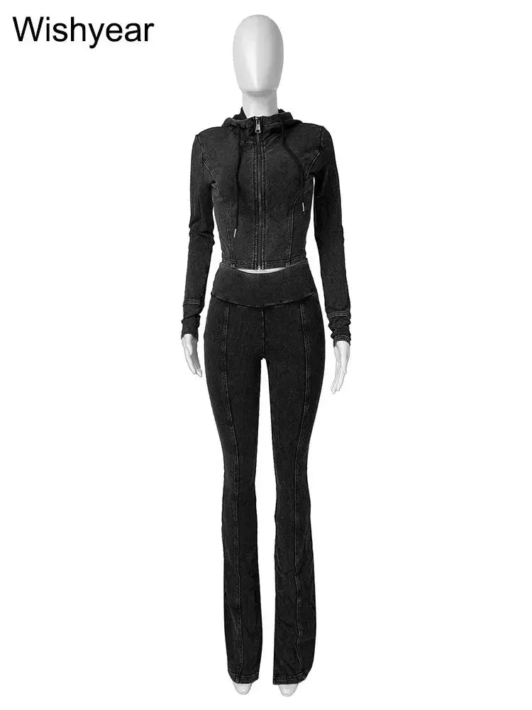 Retro Two Piece Pants Set For Women Sportswear Wash Outfit