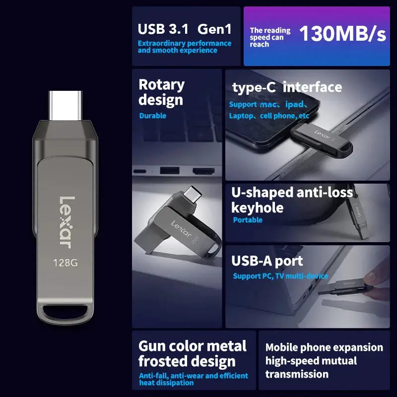 Lexar Dual Type-A Type-C Metal Pendrive USB 3.2 Flash Drive for iPhone 15 16 Computer Tablet 32GB 64GB 128GB 256GB Storage Disk