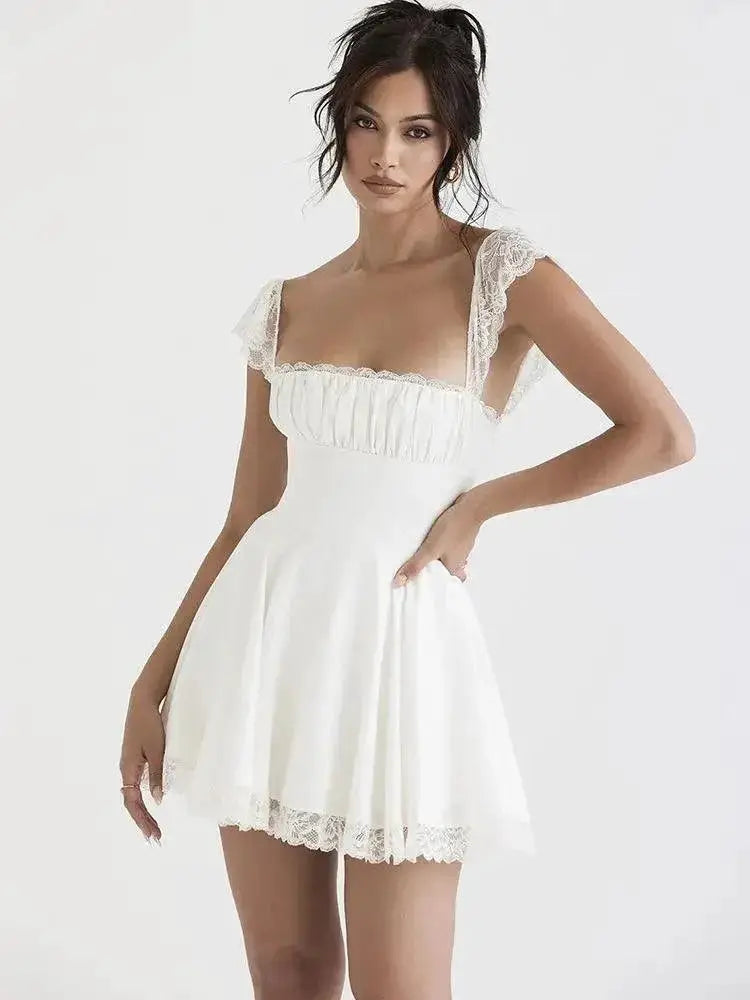 Elegant White Lace Mini Dress Sleeveless Backless Summer