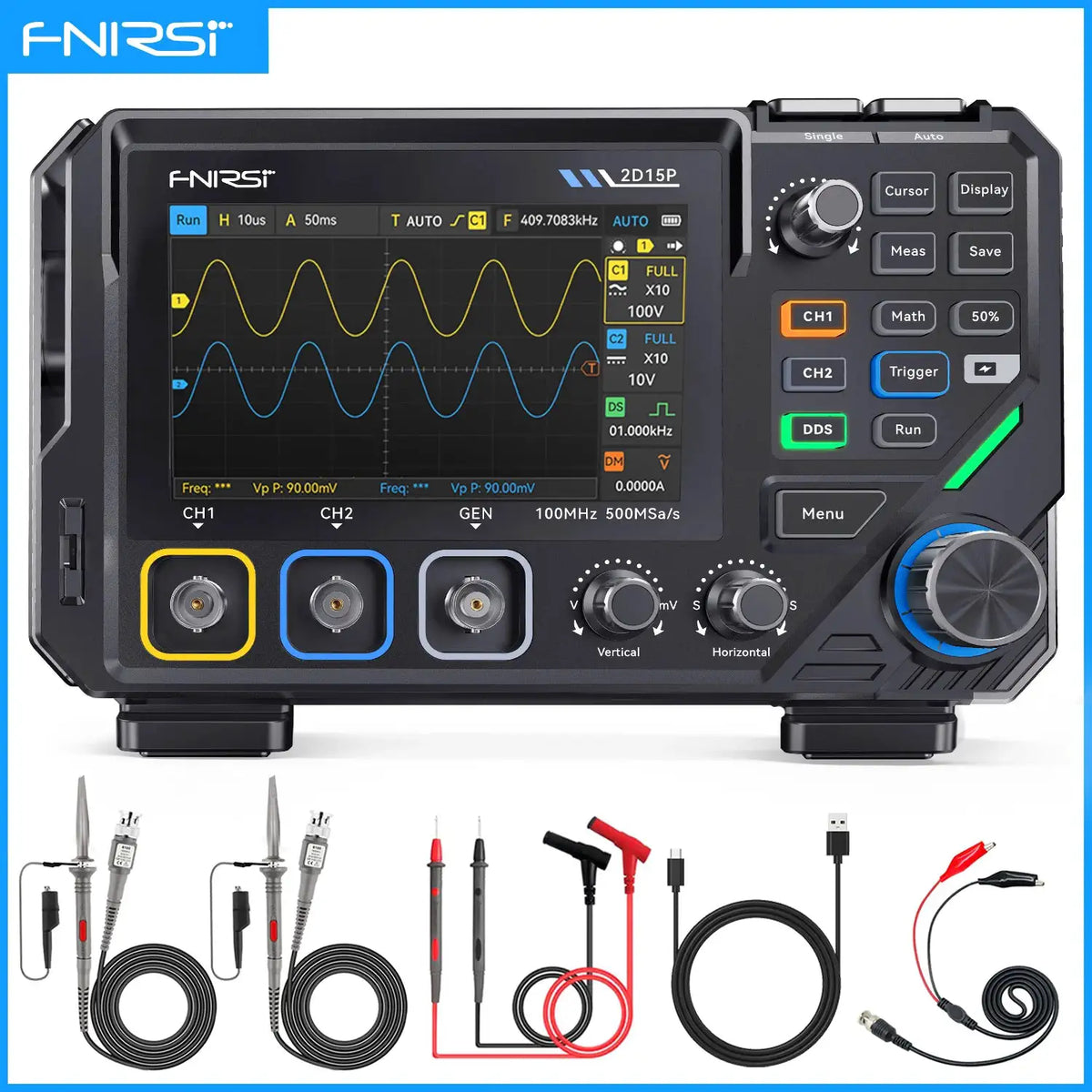 FNIRSI 2D15P Digital Oscilloscope Multimeter Signal Generator 3IN1 Touch Screen 2Channel 100MHz Bandwidth 500MSa/s 20000 Counts