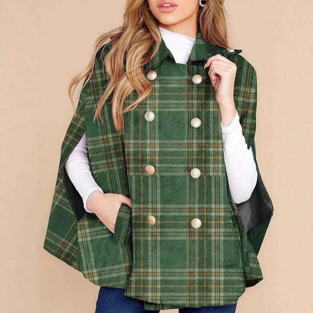Plaid Patchwork V Neck Cape