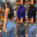 Stretch Skinny Denim Jeans for Women Mid Waist Blue Retro