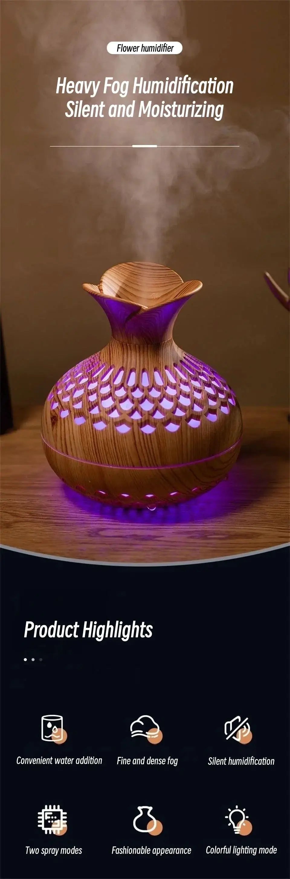 Wood Grain USB Aroma Diffuser Humidifier 300ml With LED