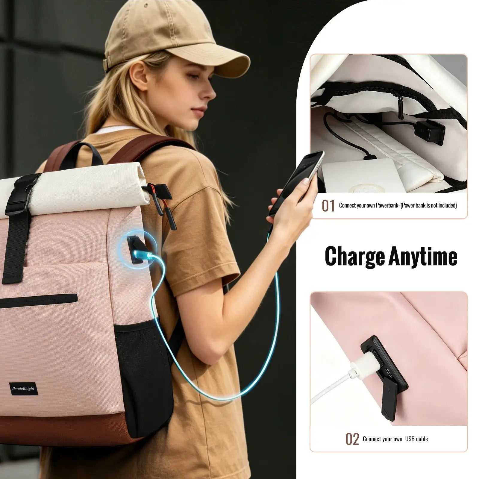 Heroic Knight Casual Women's Backpack Lightweight Waterproof Cycling Backpack Rolltop Travel Backpack Teenager College Schoolbag