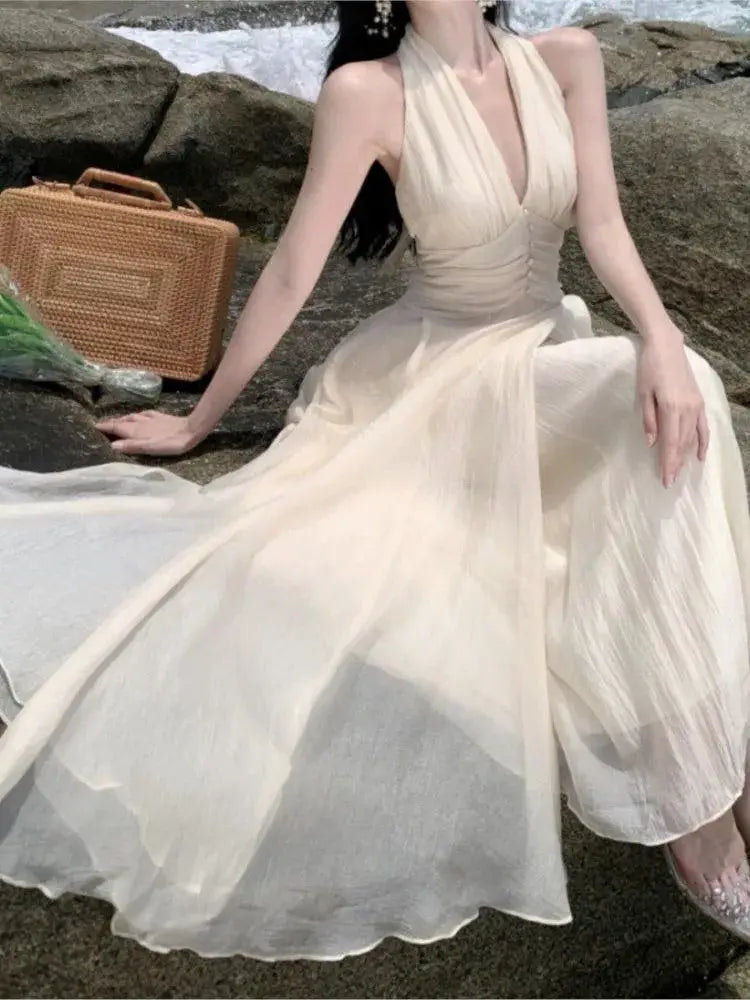 Elegant White Maxi Dress Halter Gown For Beach Wedding