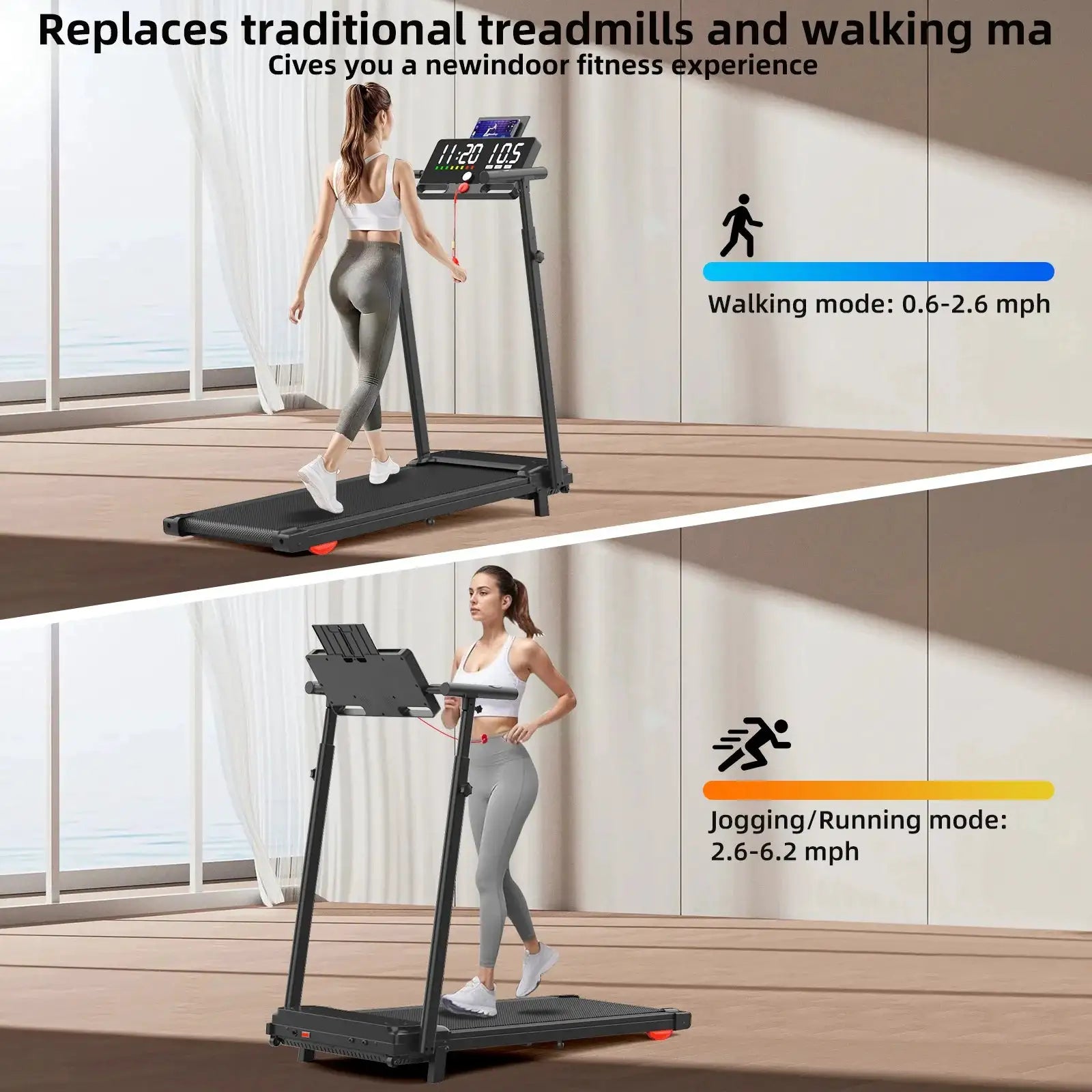 Portable Treadmill with Adjustable Armrest & Atmosphere Lights Big LED Screen Foldable Walking Pad for Office Home Fitness
