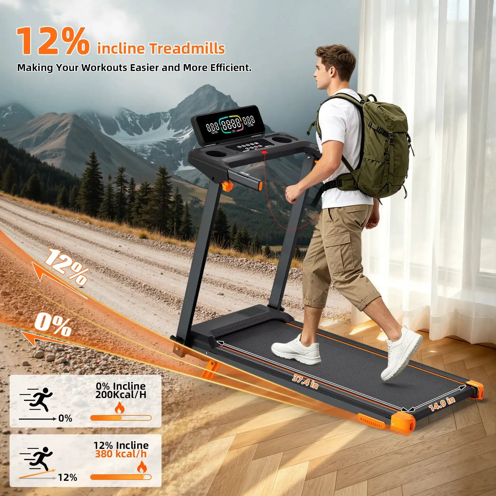 Quiet 3-in-1 Foldable Walking Pad Treadmill with 12% Incline for Home, 12 Preprogrammed HIIT Modes, Supports up to 300 LBS, Smart Treadmill Built with LED Display, Heart Rate Sensor, Bluetooth Speaker & App Connection