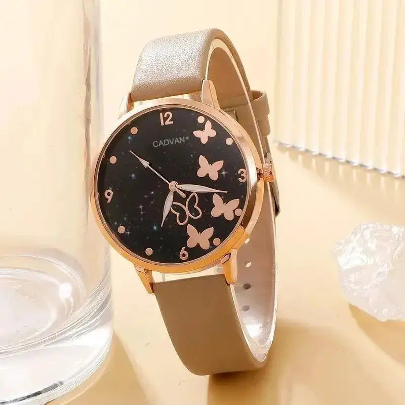 Starry Sky Butterfly Dial Leather Belt Womens Fashion Watch